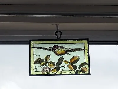 Buy Renovated Victorian Compact Hanging Stained Glass Panel With Hand Painted Bird • 230£