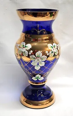Buy Vintage Bohemian Czech Cobalt Glass 10  Vase With Gold Hand Painted Floral Decor • 105.66£