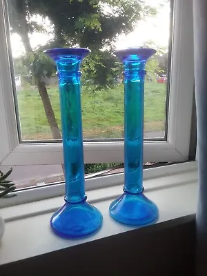 Buy Vintage Extra Tall Blue Glass Hollow Candlesticks/ Holders/Bud Vases Unusual • 25£