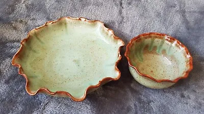 Buy 2x Studio Pottery Bowls Handmade Matching Dishes Green/brown Glaze Glossy Finish • 26£