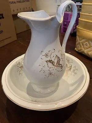 Buy Antique Wash Bowl And Jug In Brown Foil And White Good Condition • 38.99£