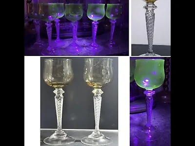 Buy 2 Antique ART NOUVEAU ST LOUIS URANIUM Air Twist Hexagonal Knop Wine Glasses 7” • 195£