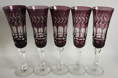 Buy ANTIQUE VINTAGE BOHEMIAN AMETHYST CUT TO CLEAR GLASS CHAMPAGNE FLUTES X 5  (23h) • 110£