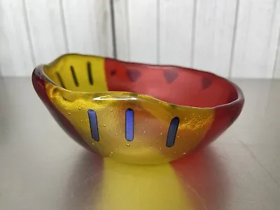 Buy Art Deco Red Yellow Glass Bowl Abstract Art Metallic Accents • 35.59£