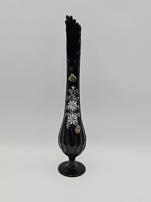 Buy 17  VTG  Fenton Black  Thumbprint Pedestal Floral Hand Painted Swung Vase Signed • 113.85£