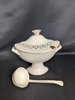 Buy Vintage Royal Creamware Sauce / Gravy Stand & Spoon With Pierced Rose Finial • 30£