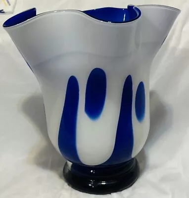 Buy Cobalt Blue White Art Glass Handkerchief Vase 9.5”H Hand Blown • 46.03£