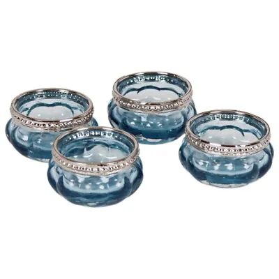 Buy 4Pc T-Light Blue Ribbed Metal Rim Vintage Glass Tealight Candle Holders Wedding • 15.95£