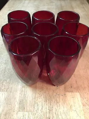 Buy Cased Red Clear Cut Faceted Surface Tall Tumbler Lot Of 8 Pieces Heavy Handmade • 226.33£