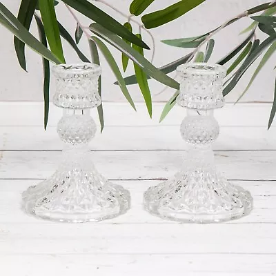 Buy 2 X Vintage Clear Glass Harlequin Dinner Candle Candlestick Holders Table Decor • 10.95£