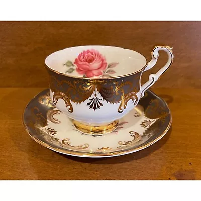 Buy Paragon Antique Rose Fine Bone China England Teacup Saucer Set Gray/Green Gold • 108.61£
