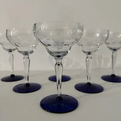 Buy (6) VTG Weston WGL3 Blue Cut Floral Tall Champagne/Sherbet Glasses - Blue Base • 72.32£