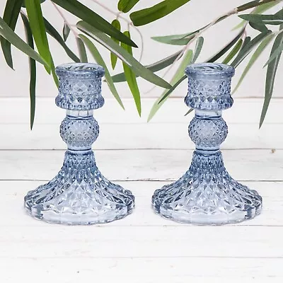 Buy 2 X Vintage Blue Glass Harlequin Dinner Candle Candlestick Holders Table Decor • 10.95£