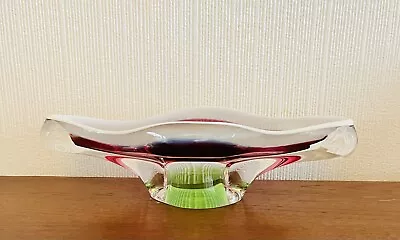 Buy Vintage Retro Czech Chřibská Watermelon Pink & Green Art Glass Vase Centrepiece • 34.95£