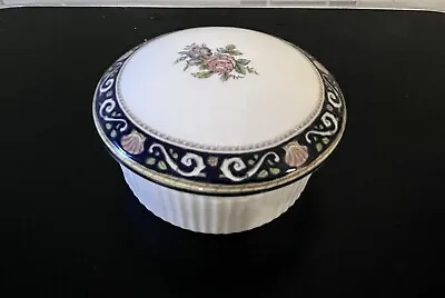 Buy WEDGWOOD Round Trinket Box With Lid White & Navy Floral Bone China Vintage VGC • 5£