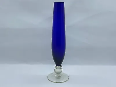 Buy Vintage 8  Dark/Cobalt Blue Glass Bud Vase With Clear Glass Base  • 6.50£