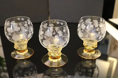 Buy 3 X Art Nouveau Theresienthal Crystal Etched Wine Goblets With Amber Hollow Stem • 36£