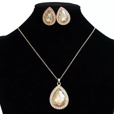 Buy Champagne Crystal Gold Plated Large Teardrop Necklace Earrings Jewellery Set • 7.99£