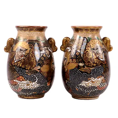 Buy Japanese Satsuma Pottery Vases Moriage Immortal Haloed Warriors Signed C1890 • 320£