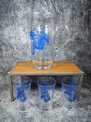 Buy Vintage Glass Blue Pirate Ship Water Lemonade Jug Pitcher With 3x Tumblers MD • 9.99£