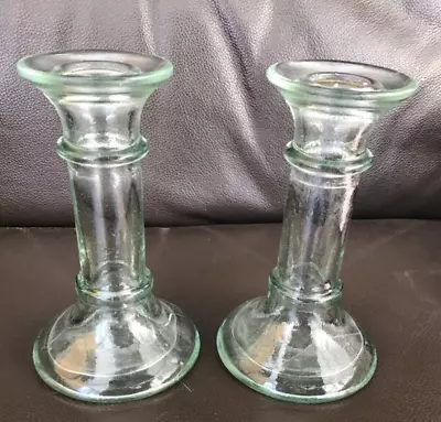 Buy Pair Of Vintage Green Glass Candle Holders In Very Good Condition • 8£