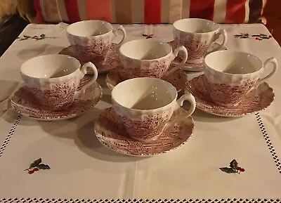 Buy Vintage 1940s 1950s Alfred Meakin  The Post House  Pink & White 6 Cups & Saucers • 28£