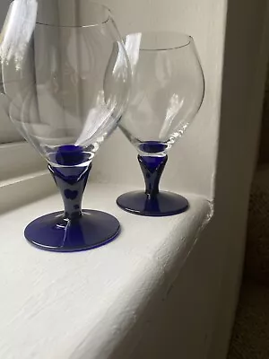 Buy Pair Clear Drinks Wine Glass With Cobalt Blue Thick Stem X2 Hand Blown • 20£