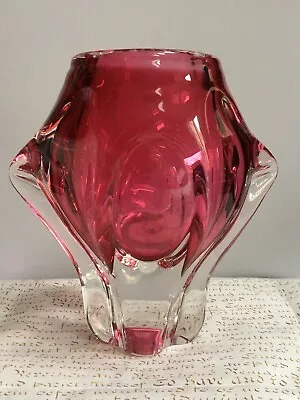 Buy Vintage MCM Chribska Josef Hospodka Czech Pink Clear Cased Art Glass Vase • 30£