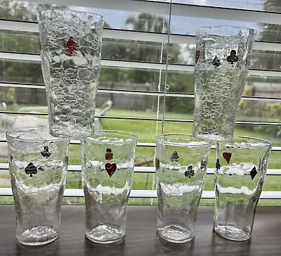 Buy 6 Vintage Rare Hand Blown Crackle Glass MCM 50’s Poker Drink Glasses Card Suits • 18.89£