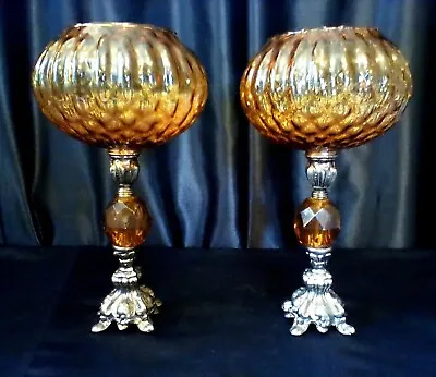 Buy Vintage Baroque Metal Amber Lucite Candle Holders Large Glass Voltive Pair Mcm • 141.93£