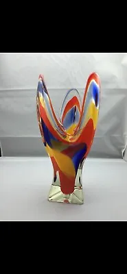 Buy Vintage Japanese Iwatsu Hineri Rainbow Red Yellow Blue Art Glass Vase • 35£