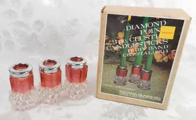 Buy 3 Vtg Indiana Glass Candlesticks Ruby Flash Band Diamond Point Crystal 0894 NOS • 15.17£