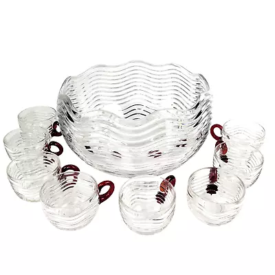 Buy Duncan Miller Caribbean Crystal Glass Punch Bowl + 8 Cups Art Deco MCM • 57.63£