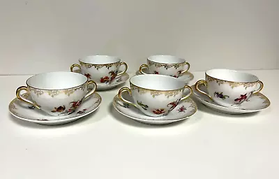 Buy Vintage Czechoslovakia Marked Double Handled Cups Or Boullion Dresden Flowers • 32.28£