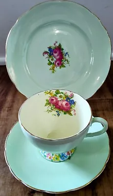 Buy Foley Tea Cup & Saucer & Under Plate Mint Green Floral England Bone China Set • 12.57£