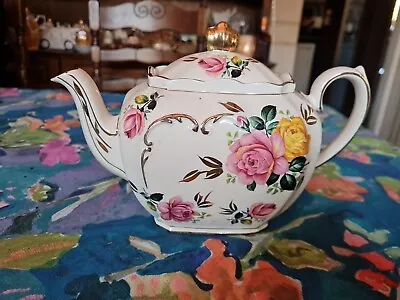 Buy Sadler 2897 Pink And Yellow Cabbage Rose Teapot Full Size Excellent Condition. • 85£