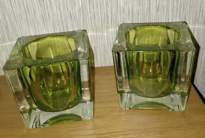 Buy Glass Pair Of Block Candle Lime Green Tealight / Church Candle Holders 8cm Tall • 9.99£