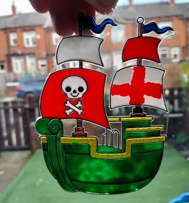 Buy Stained Glass Acrylic Suncatcher Pirate Ship Hanging Decoration Xmas Gift  • 4£