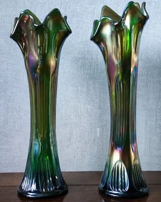 Buy Antique Pair Of Fenton Green Iridescent Carnival Glass Ribbed Vases • 31.99£