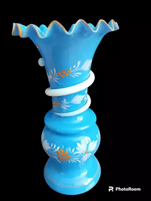 Buy Antique Pontil BRISTOL GLASS VASE Hand-Painted Cornflower Blue 7.5 Inches • 25£