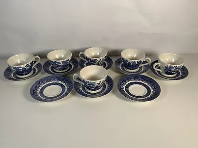 Buy Churchill England Vintage Blue Willow China X6 Stackable Tea Cups & X8 Saucers • 44.99£