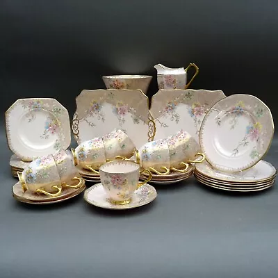 Buy Art Deco Tuscan China Tea Set ~ Pink Gilded Floral 780986 ~ 9 Trios ~ • 65£
