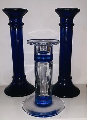 Buy 3 Vintage Glass Candlestick Holders Cobalt Blue Pillars • 25£