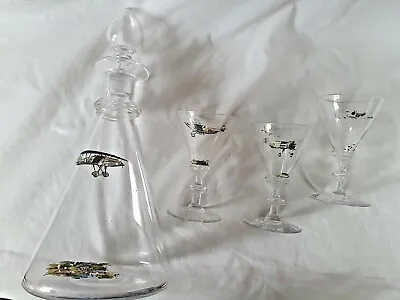 Buy Rare And Charming English Glass Decanter And 3 Glasses, Art Deco, Airplanes • 200£
