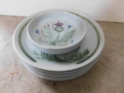 Buy 6 VINTAGE BUCHAN THISTLEWARE STONEWARE  SAUCERS, AND Butter Dish • 85.35£