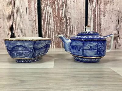 Buy Ringtons By Wade Ceramics Tea Pot And Bowl Blue & White UK Bridges Decorative • 14.88£