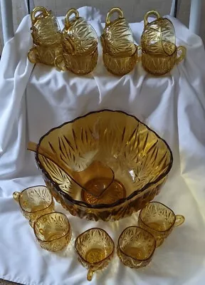 Buy Vintage Hazel Atlas Amber Cut Glass Punch Bowl, 14 Cups & Ladle Summer Party Bbq • 74.99£