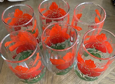 Buy Vintage Red Hibiscus Glassware Tumblers Lot Of 6 In Excellent Condition • 28.41£