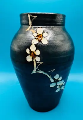 Buy Vintage Marazion Studio Pottery Cornwall Charcoal Glaze Yellow Blossom Vase 15cm • 7.99£