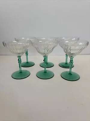 Buy 6 Federal Glass Depression Green Stem, Paneled Champagne Or Martini Glass • 86.87£